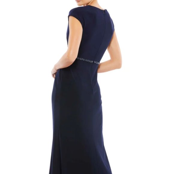 MAC DUGGAL 67850 FAUX WRAP V-NECK CAP SLEEVE JERSEY STRETCH NAVY GOWN sz 22 - Picture 2 of 7